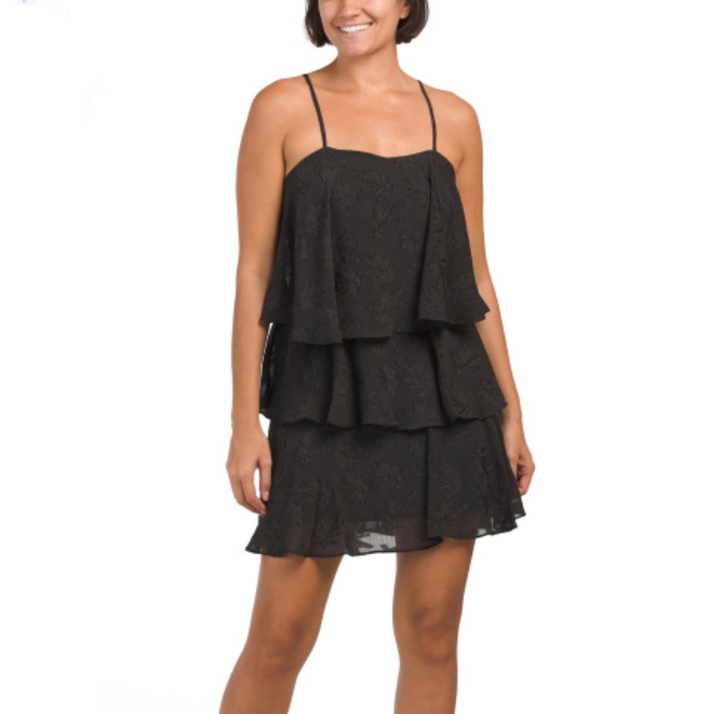 Sam Edelman Tonal Floral Textured Chiffon Sleeveless Tiered Mini Dress Black L